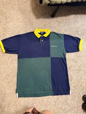 Nautica Men’s Navy and Green Colorblock Polo with Yellow Collar